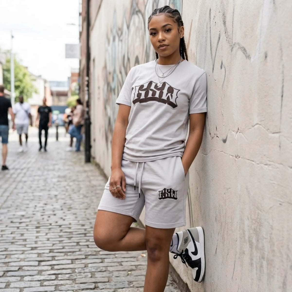 Black logo T shirt and Shorts And Cream Color Shirt Set