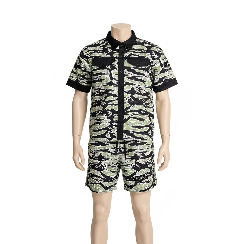 GSW Camouflage Button‑Up Shirt Shorts Set