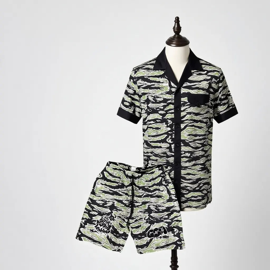 GSW Camouflage Button‑Up Shirt Shorts Set