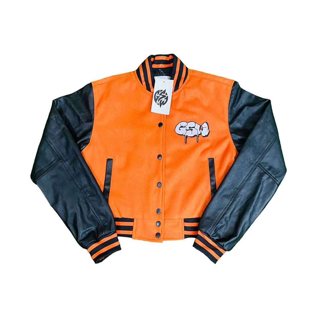 Orange Wool Body Black Leather Sleeve Varsity Winter Jacket (GSWVJOBBKLSFLL- B
