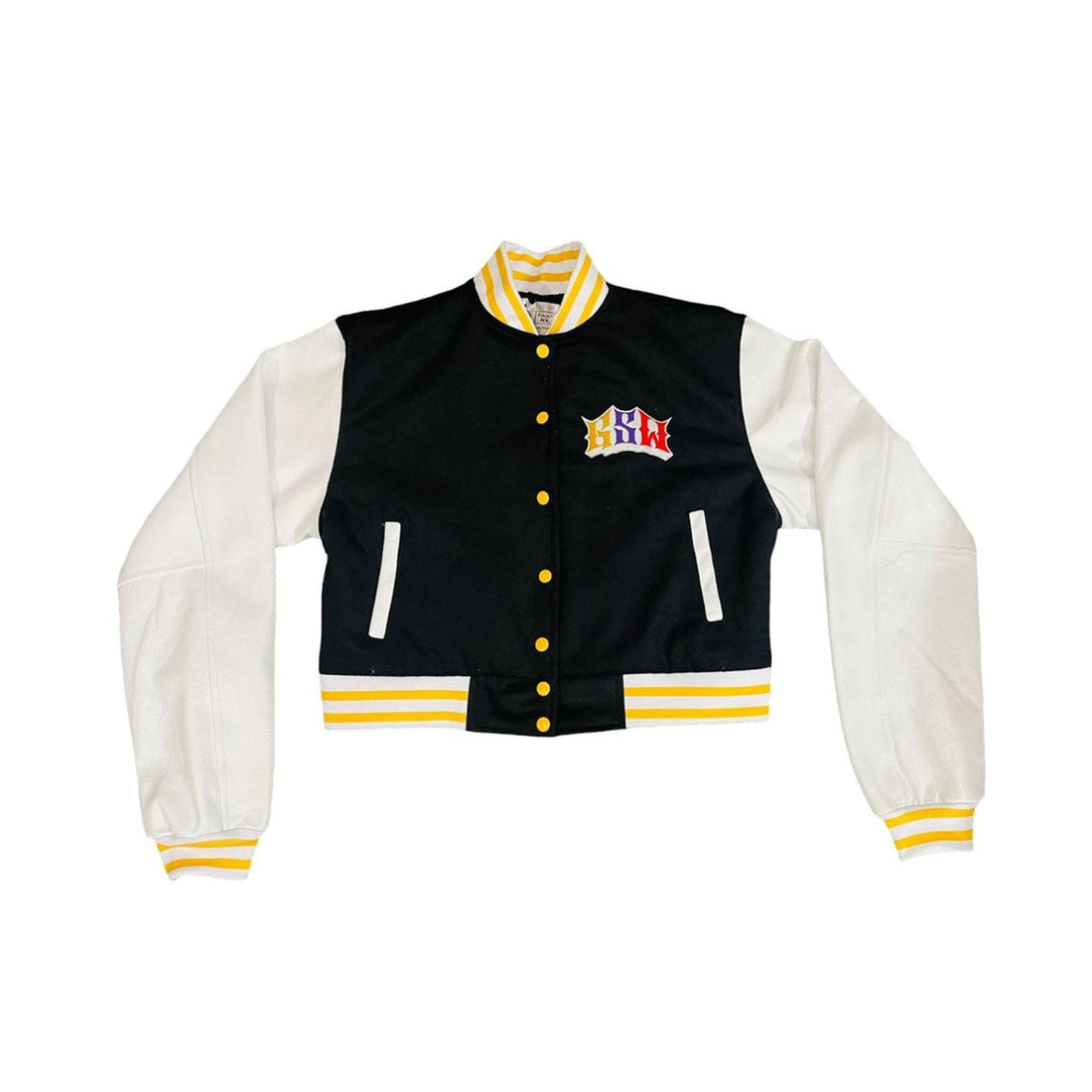 Crop Black Wool Body White Leather Sleeve Varsity Winter Jacket (-GSWVJWBBKSWB-S)-B