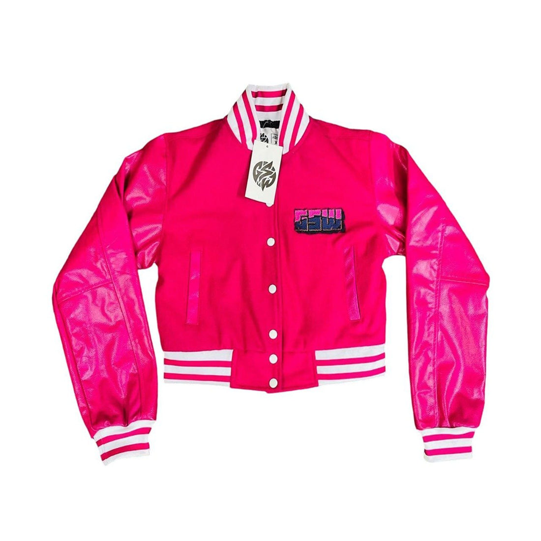 Varsity-Jacket Wool-Body Leather SleevesCrop Top Hot Pink Hot-Pink-Jacket (GSWVJHPBHPSLWBLS-S-)-B