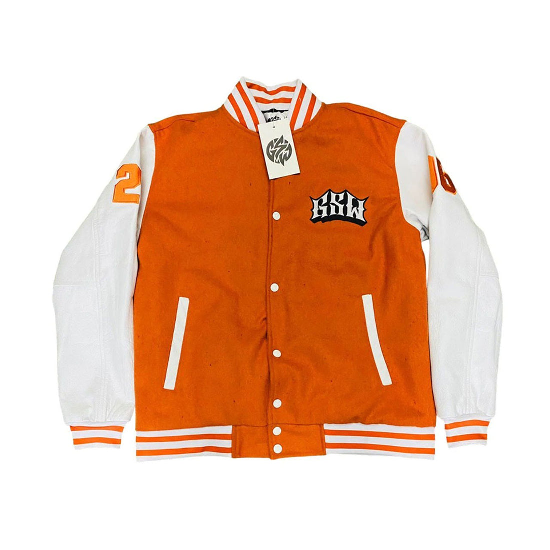 Orange Wool Body White Leather Sleeve Varsity jacket (GSWVJOBWHSLWBLS-S)-B