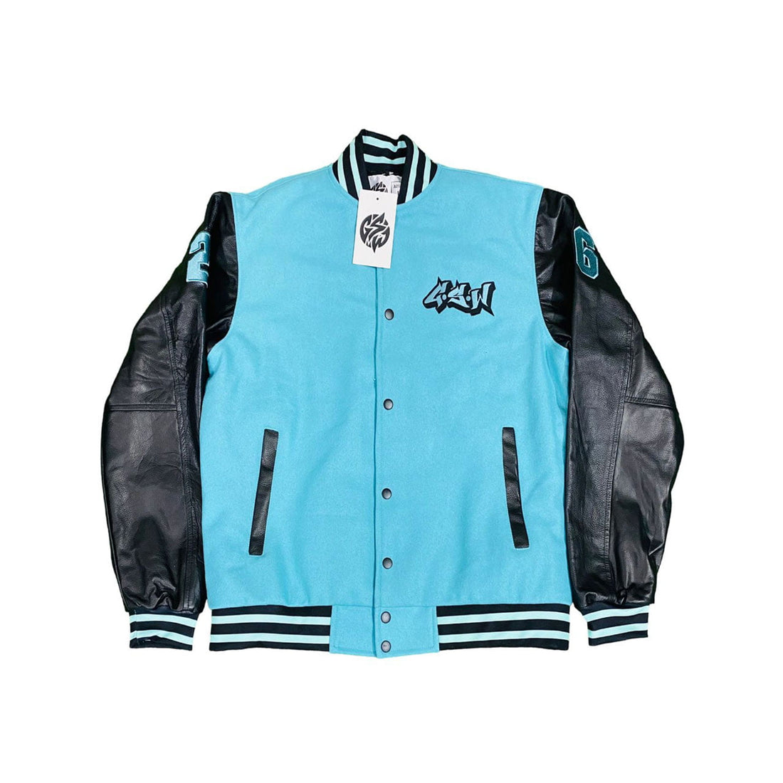 Sky Wool Body Black Leather Sleeve Varsity Jacket ( GSWVJTQBBKSLWBLS-S-)-B