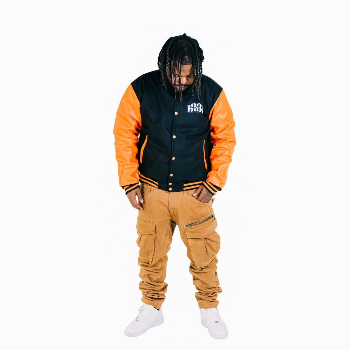 Orange Wool Body Black Leather Sleeve Varsity Winter Jacket