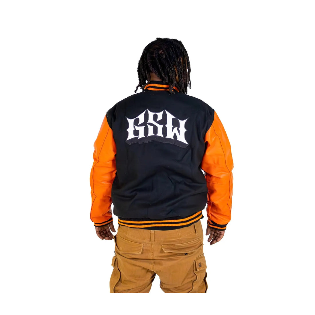 Orange Wool Body Black Leather Sleeve Varsity Winter Jacket