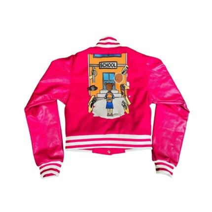 Varsity-Jacket Wool-Body Leather SleevesCrop Top Hot Pink Hot-Pink-Jacket (GSWVJHPBHPSLWBLS-S-)-B